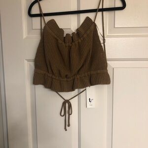 Brown Ribbed Tie Front Crop Camisole